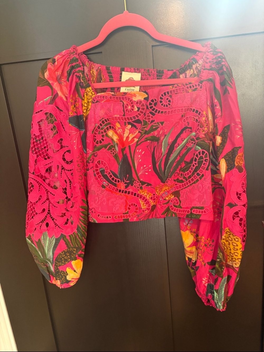FARM Rio Hot Pink Floral Eyelet Crop Top
